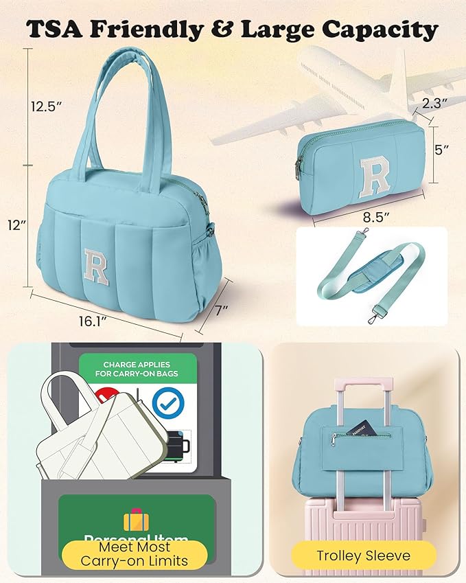 Sweet 15 Gifts for Girls-Duffle Bag, Weekender Bags for Girl，Initial Overnight Bag with Wet Pocket，Lightweight Dance Bags Personalized Gymnastics bag with Makeup Pouch