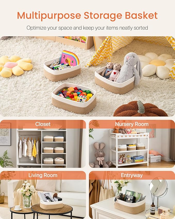 KALLAX Small Woven Basket, 12 x 8 x 4.5 Inches, Storage Basket for Organizing, Cute Small Rope Shelf Closet Cube Storage Bins Baskets for Shelves, Dog Toy Gift Baskets Empty, 3 Pack White & Brown