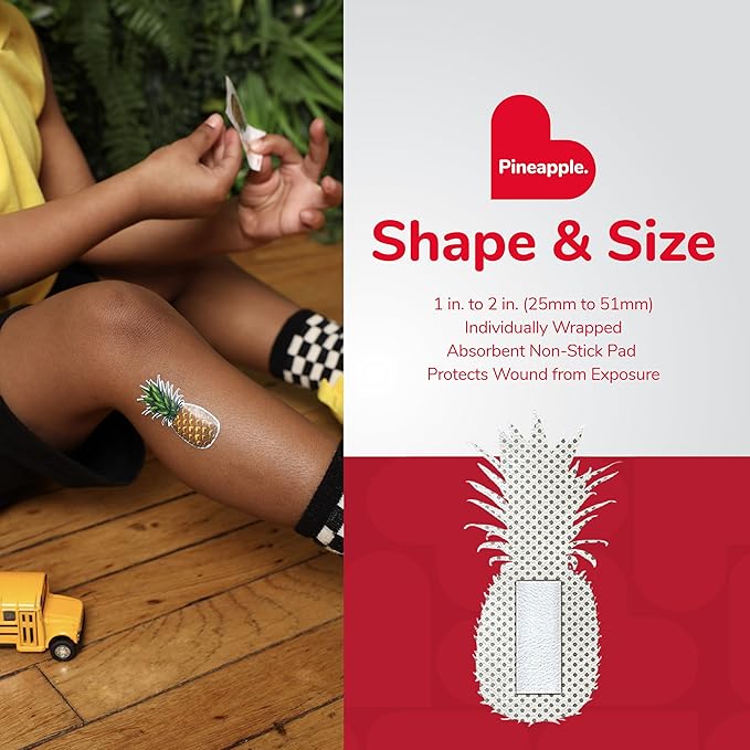 BioSwiss Bandages, Pineapple Shaped Self Adhesive Bandage, Latex Free Sterile Wound Care, Fun First Aid Kit Supplies for Kids, 24 Count