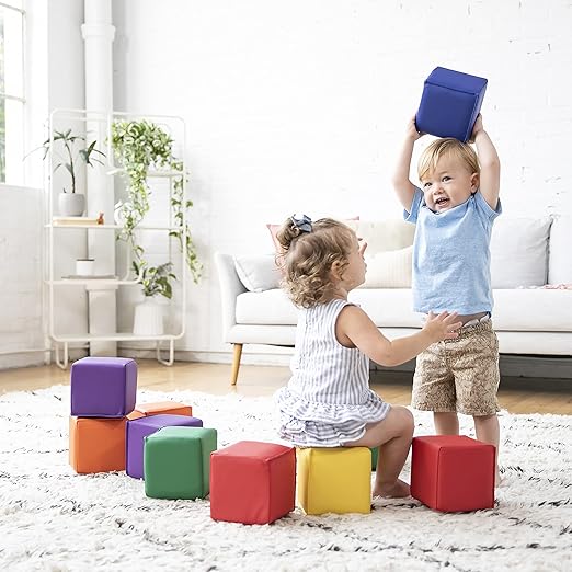ECR4Kids SoftZone Patchwork Toddler Building Blocks, Foam Cubes, Assorted, 12-Piece