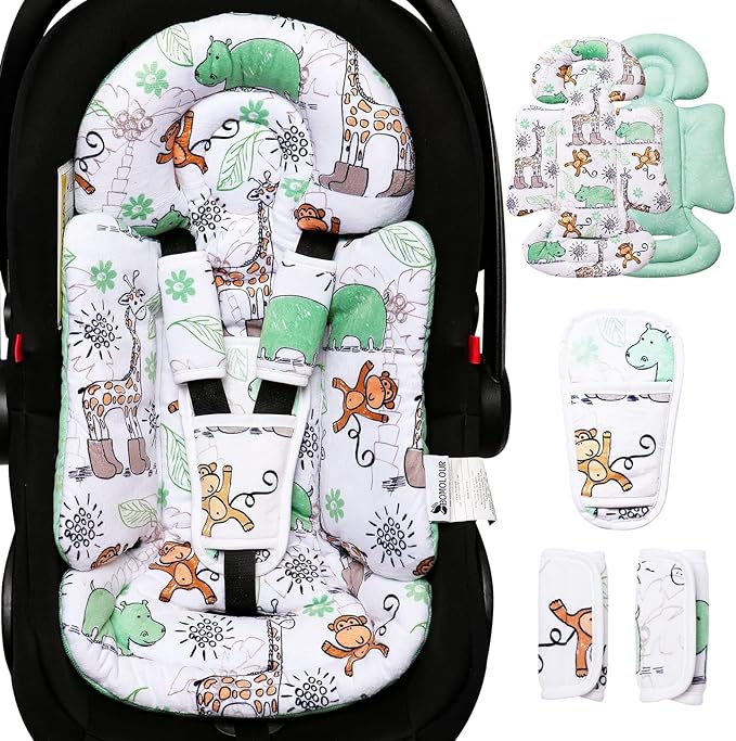 Infant Car Seat Insert, Enlarged Head Support for Baby Carseat, Reversible Newborn Insert with 3 Strap Covers, 2-in-1 Baby Car Seat Cushion for Stroller, Swing, Bouncer, Rocker - Blue Giraffe