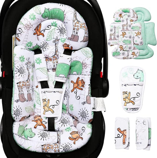 Infant Car Seat Insert, Enlarged Head Support for Baby Carseat, Reversible Newborn Insert with 3 Strap Covers, 2-in-1 Baby Car Seat Cushion for Stroller, Swing, Bouncer, Rocker - Blue Giraffe