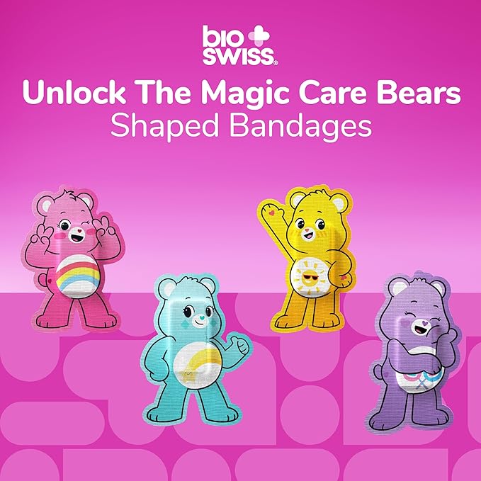 BioSwiss Care Bears Bandages, Unlock The Magic Care Bear Shaped Self Adhesive Bandage, Latex Free Sterile Wound Care, Fun First Aid Kit Supplies for Kids, 50 Count