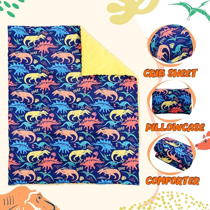 Cloele Crib Bedding Set for Boys,3 Piece Dinosaur Crib Bedding Set,Include Soft Baby Comforter,Breathable Fitted Sheet & Pillowcase,Navy Blue Nursery Baby Bedding for Boys