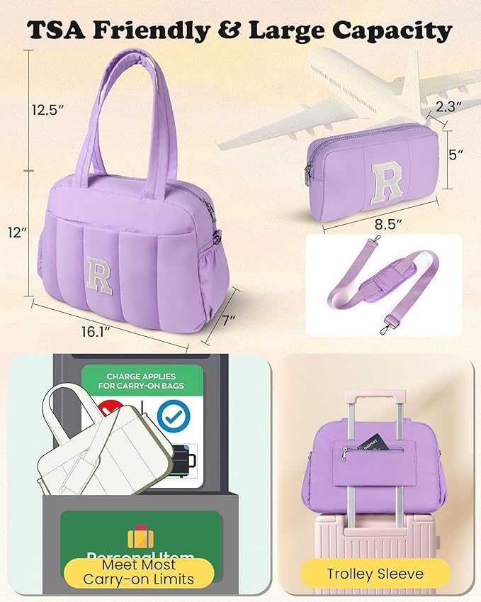 Gifts for Girls Age 10 11 12 13 14 15 16 17-Initial Duffle Bag, Carry On Bags for Women，Overnight Bag with Wet Pocket，Lightweight Travel Bags Personalized Gym Tote with Makeup Pouch