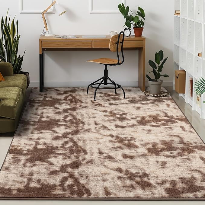 Kimicole 6x9 Washable Area Rugs for Living Room Bedroom, Large Low Pile Ulta-Thin Solid Color Rug, Non-Slip Soft Fluffy Carpet for Nursery Kids Room Dorm Room Home Decor (Brown)