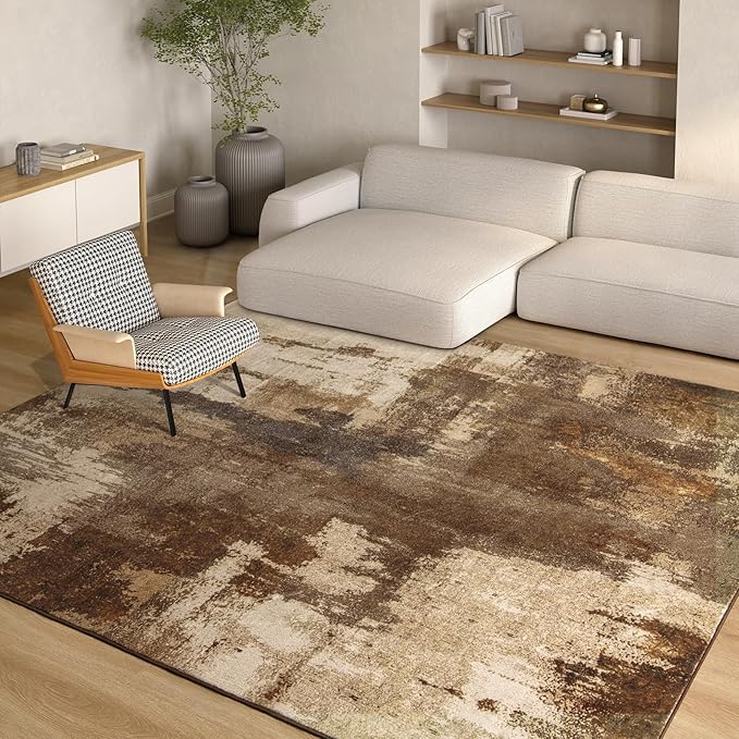 Kelarea Living Room Rug, 5x7 Rug Modern Abstract Washable Rugs Brown Foldable Faux Wool Vintage Carpets, Non Slip Rug for Bedroom, Dining Room, College Dorm, Kids Playroom, Home Office