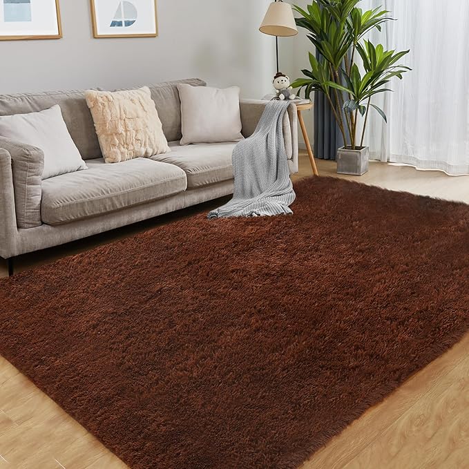 Soft 9x12 Brown Rug, Fluffy Area Rugs for Living Room, Plush Navy Area Rugs for Bedroom, Non-Slip Indoor Carpet for Nursery, Study Room, Kids Room, Room Decor