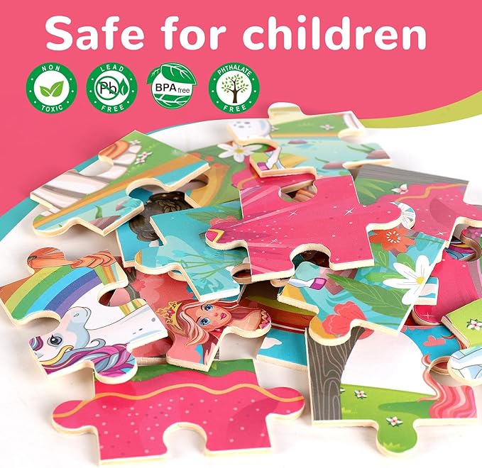 NASHRIO Wooden Educational Jigsaw Puzzles for Preschool Kids Ages 3-5, 4-Pack with 20 Pieces Unicorn Princess Wood Puzzles Set, Toddler Brain Teaser Toys, Preschool Gifts for Boys Girls Ages 3 4 5 6