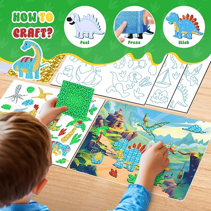 homicozy Art & Craft Activity for Kids-Foil Fun Dinosaur,No Mess Art Crafts for Girls,DIY Foil Foam Stickers,Creative Activity Kits,Kids Travel Toys,Gifts for Girls & Boys Ages 4-10