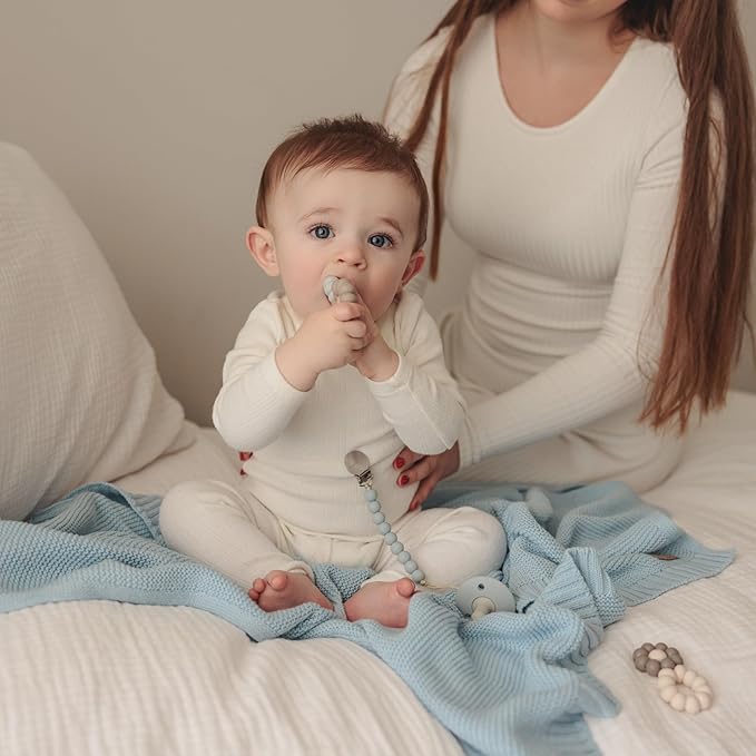 Organic Cotton Heritage Knit Receiving Blanket for Boys - 100% Luxury Soft Organic Cotton - Warm Cozy Swaddle Cuddle Crib Blanket for Newborns Infants & Toddlers (0-2Yrs - Sky Blue)