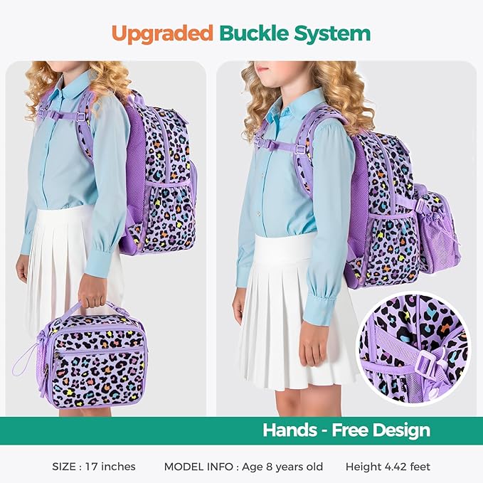 Choco Mocha Cheetah Backpack for Girls, Elementary School Backpack for Girls Ages 6-8 Kids Kindergarten Backpack Bookbag 17 Inch with Chest Strap, Purple