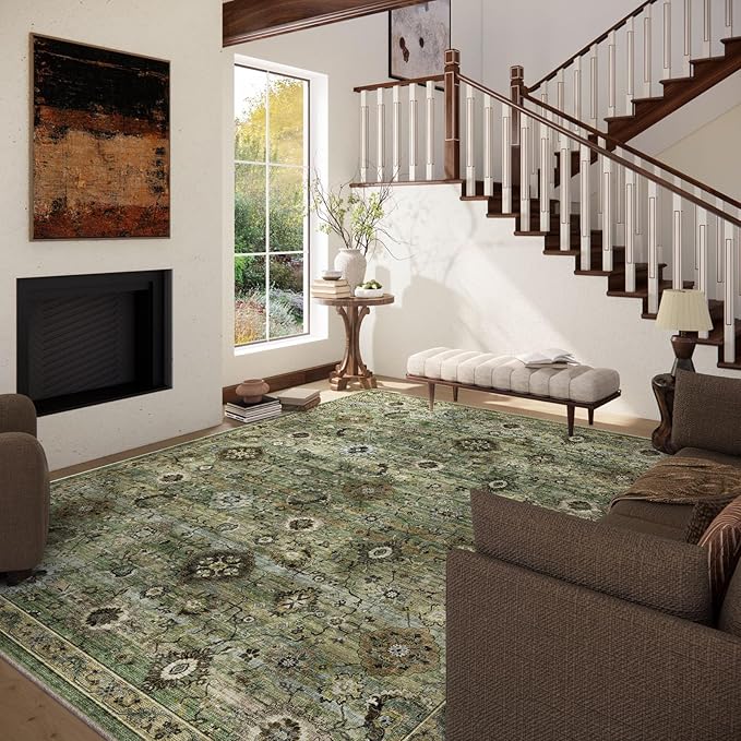 Washable Area Rugs for Living Room: 8x10 Rug Boho Vintage Rugs Stain Resistant Non Slip Low Pile Lightweight Soft Carpets for Bedroom Kitchen Dining Room Nursery Kids Room Farmhouse Home Office