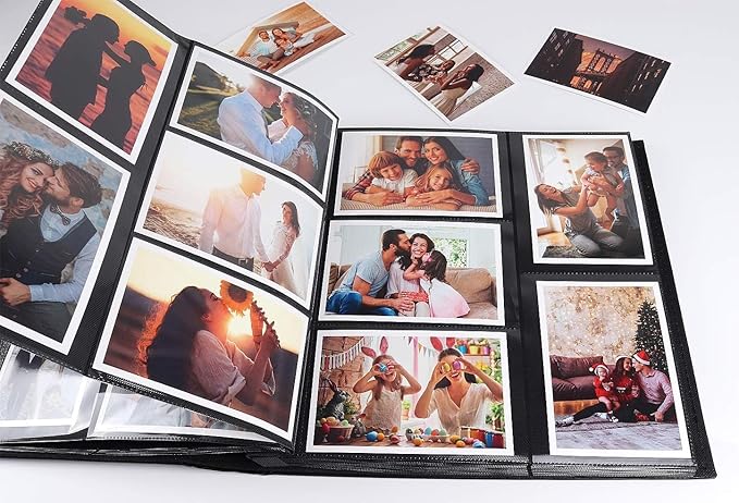 RECUTMS Photo Album 4x6 600 Pockets, Black Pages Leather Cover Large Capacity Picture Albums Holds 600 Horizontal and Vertical Photos (Beige)
