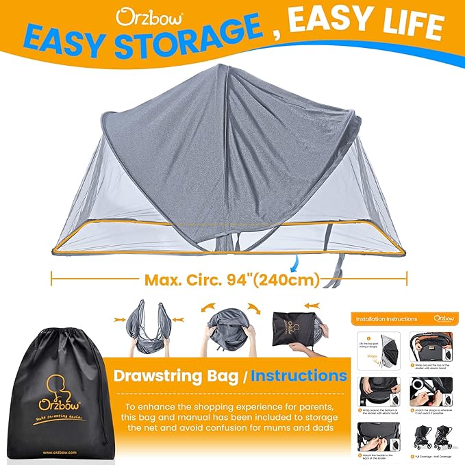 Orzbow 2-in-1 Baby Mosquito Net with UPF50+ Sunshade for Stroller, Breathable Stroller Mosquito Netting Privacy Cover with Two-Way Zipper & Storage Bag for Bassinet, Car Seat & Carrycot, Grey