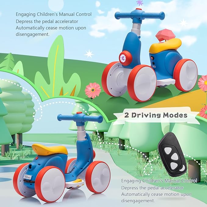 6V Electric Baby Balance Bike with Bubble Machine,4 in 1 Toddler Balance Bike w/Remote for 1 Year Old Boys Girls Kids Bubble Bike Ride on Toys w/Powered Motor,Music,LED Lights (Blue&Red)
