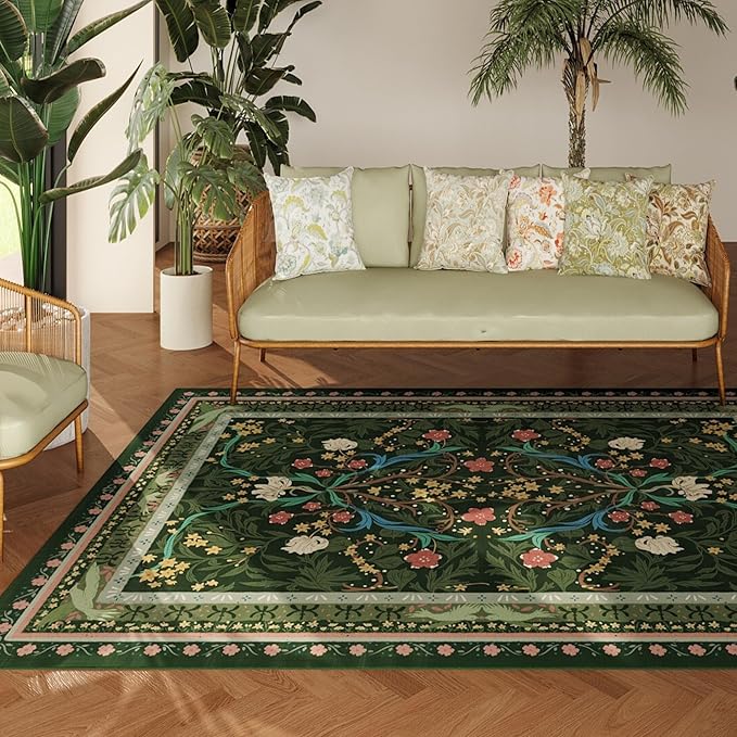 Bedroom Rug 3x5 Rug Washable Area Rug Non Slip Low Pile Vintage Floral Botanical Small Carpet for Bedroom, Bedside, Kitchen, Entryway, Kids Room, Office, Green