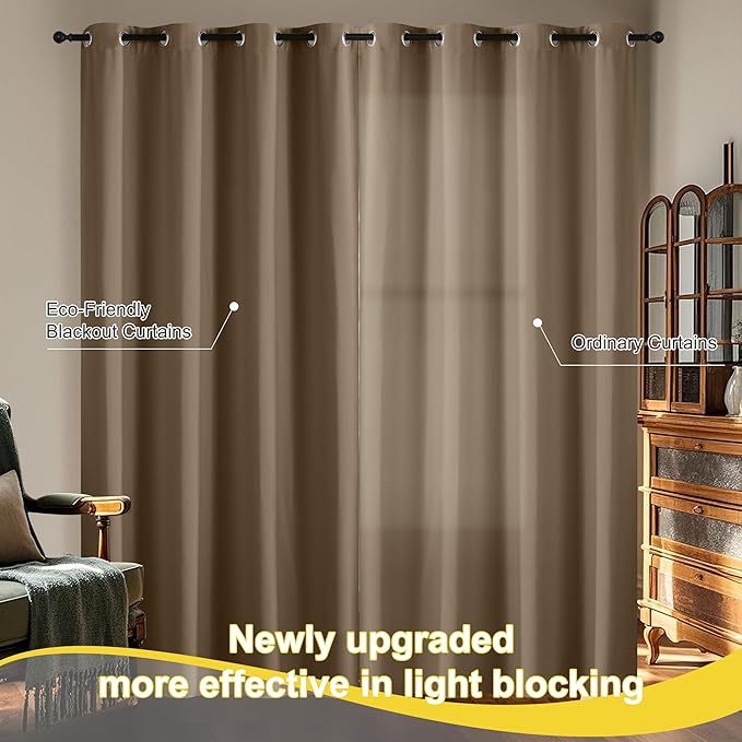 NICETOWN 100% Blackout Curtains 84 inch Long for Bedroom, Total Blackout Thermal Insulated Grommet Long Window Curtains 2 Panels Set, 2 Panels, Khaki, 52 inch Wide