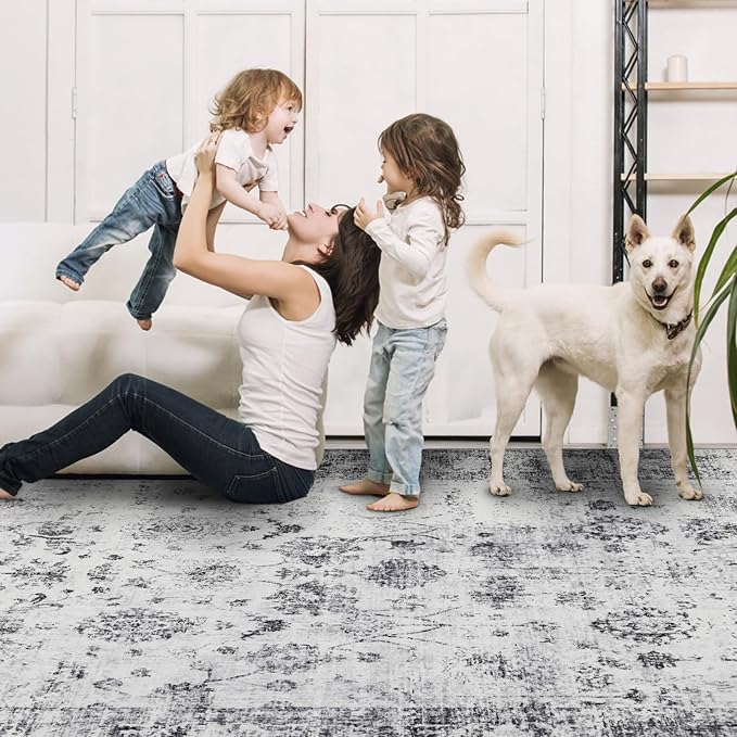 Washable 6x9 Area Rug for Living Room, Carpet for Bedroom Dining Room, Non Slip&Non-Shedding Resistant Low Pile Vintage Print Rug for Home Office ((White/Grey)