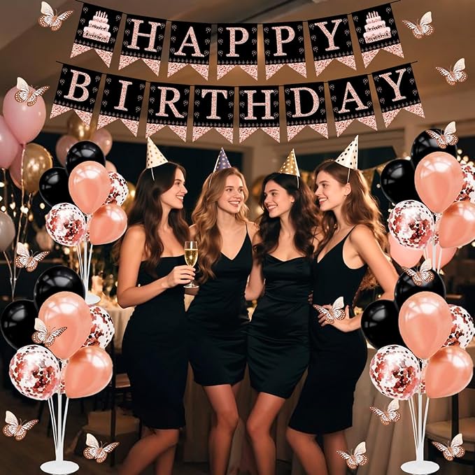 40th Birthday Decorations for Women - 56pcs Rose Gold Happy 40th Banner, 40th Birthday Crown Sash, Cake Topper, Number 40 balloons, 3D Butterflies, 4 Balloon Stands kits