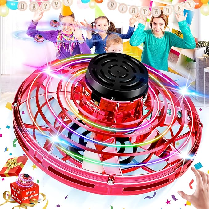 Hand Operated Mini Drone for Kids - LED UFO Flying Orb Ball, Rechargeable Mini Fidget Spinner Toy for Indoor Outdoor,Christmas Birthday Party Gifts for Girls Boys(Red)