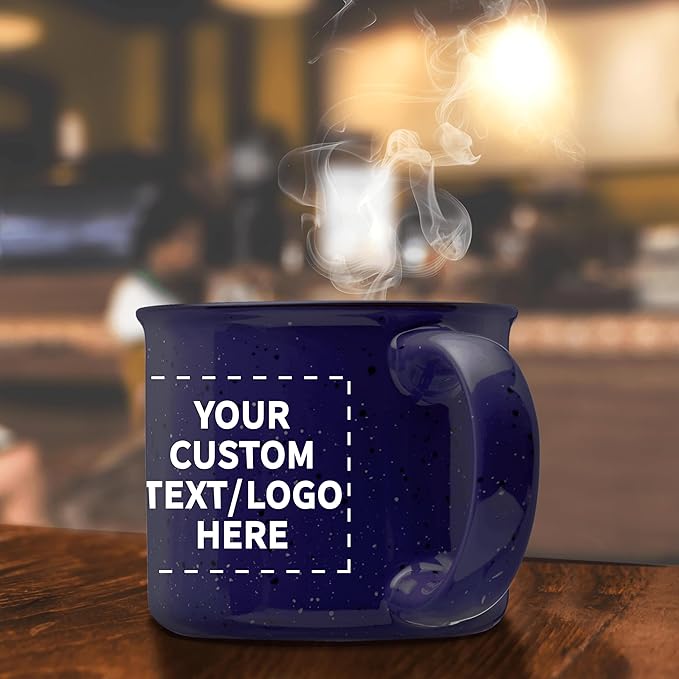 DISCOUNT PROMOS Custom Ceramic Campfire Coffee Mugs 13 oz. Set of 100, Personalized Bulk Pack - Perfect for Tea, Espresso, Cappuccino, Hot Cocoa - Blue