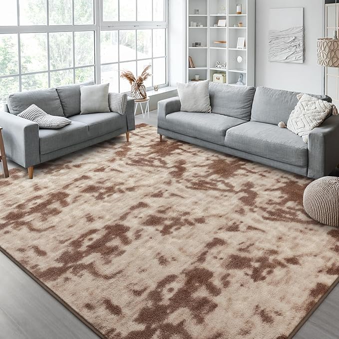Kimicole 7x10 Washable Area Rugs for Living Room Bedroom, Large Low Pile Ulta-Thin Solid Color Rug, Non-Slip Soft Fluffy Carpet for Nursery Kids Room Dorm Room Home Decor (Brown)