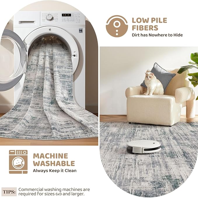 Area Rug for Living Room: 8x10 Washable Neutral Abstract Modern Soft Rugs Non Slip Indoor Floor Stain Resistant Large Carpet for Bedroom Dining Room Office Nursery - Gray