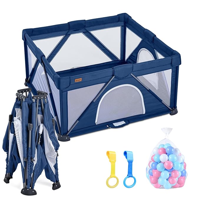 Baby Playpen Foldable, Playard for Babies and Toddlers, Portable Playpen Activity Center with 50 Balls+2 Handles for Travel, Indoor & Outdoor Play Pen with Mesh 59''x71''