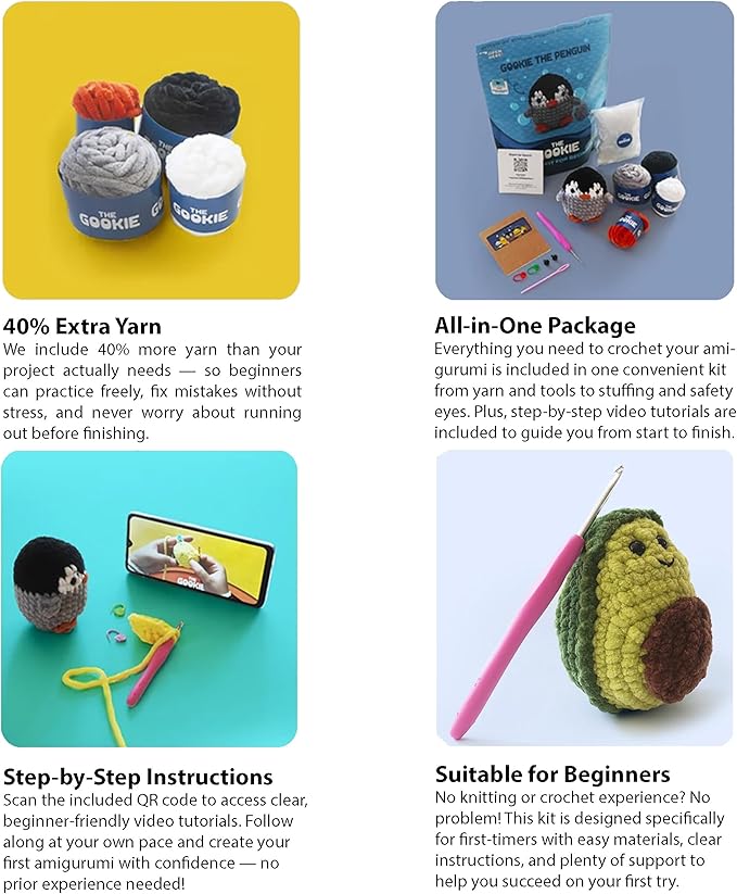 THE GOOKIE Amigurumi Crochet Kit for Beginners – DIY Crochet Kit with Yarn, Hook, Eyes & Stuffing – Easy Starter Set with Video Tutorials – Cute Plush Toy Craft Gift for Kids, Teens & Adults (Duck)