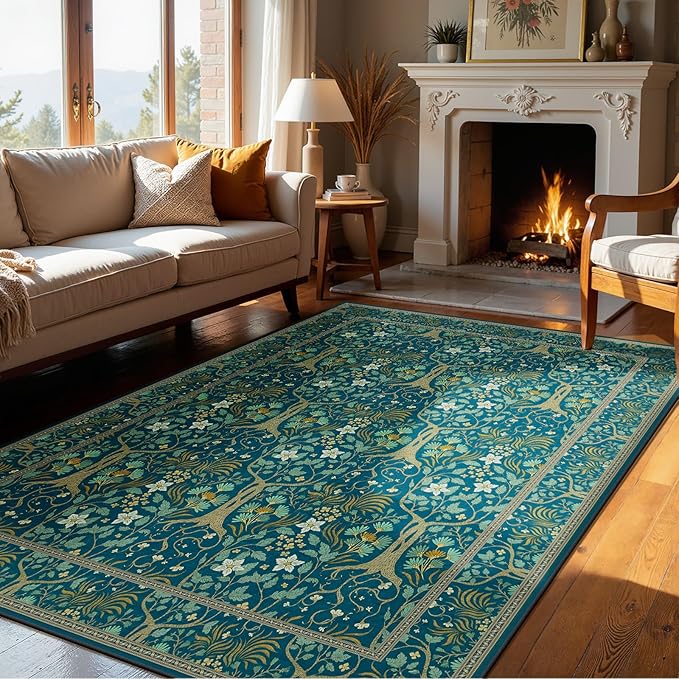 Joydeco Washable Area Rugs 5x7, Boho Floral Dining Room Rug Non Slip, Soft Low-Pile Botanical Forest Indoor Floor Throw Carpet for Living Home Office Playroom Foyer, Dark Blue