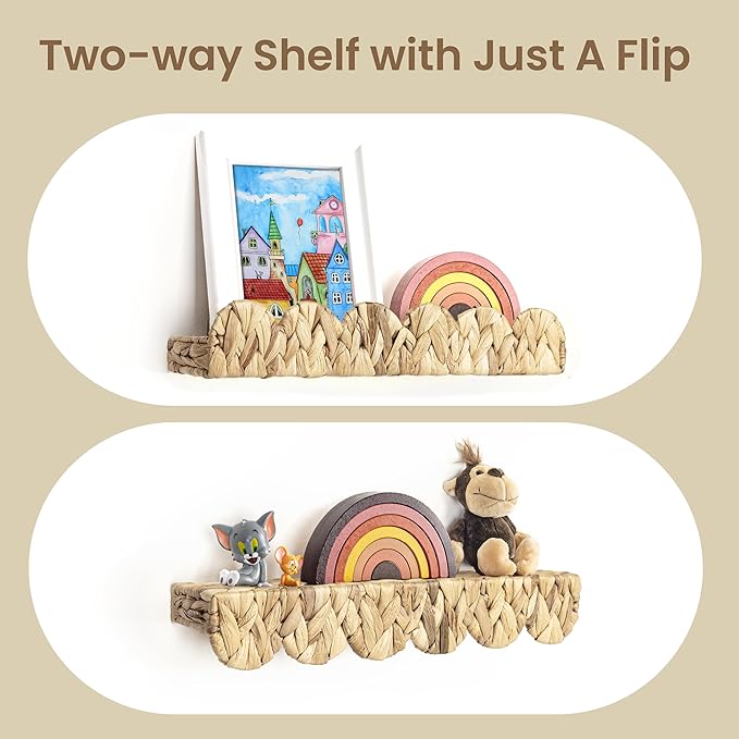 AELS Scalloped Nursery Bookshelf, Set of 4, Picture Ledge Shelf for Wall Decor, Woven Natural Water Hyacinth Floating Shelves for Books, Toys, Photo Frames, Nursery, Boho Modern Farmhouse Book Shelf