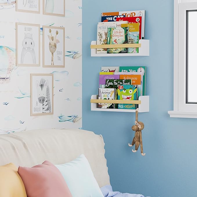 Wallniture Florida 24 inch Wall Bookshelf for Kids Room, Floating Shelves Nursery Decor, Wood White Wall Shelf Set of 2 Kitchen, Bathroom Decor (16'')
