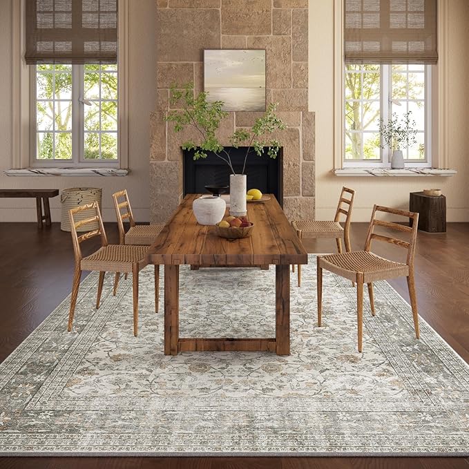 Machine Washable Rugs for Living Room: 9x12 Area Rugs for Bedroom Vintage Stain Resistant Non Slip Low Pile Soft Boho Carpet for Kitchen Dining Room Farmhouse Kids Room Nursery