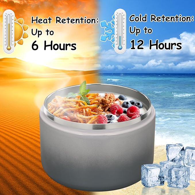 12oz Insulated Vacuum Food Jar with Buckle Lid Wide Mouth Soup Thermo for Hot Food Kids Leakproof Stainless Steel Lunch Container (Gradient Grey, 12OZ)