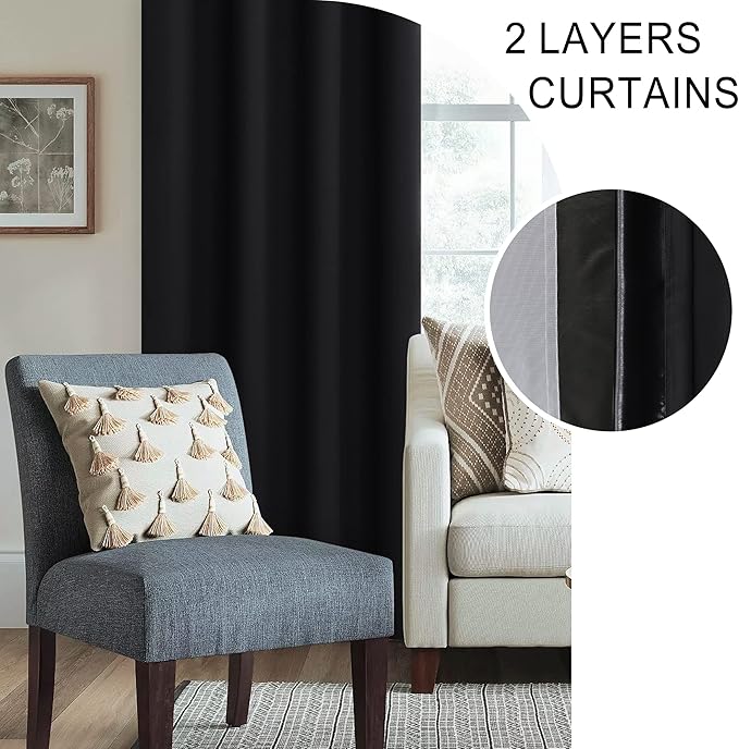 XWZO 100% Blackout Curtain Panels - Rod Pocket Thermal Insulated Black Liner Curtains, Noise Reducing and Heat Blocking Drapes for Hall and Studio Windows with Tiebacks, Black, W70 x L84, Set of 2