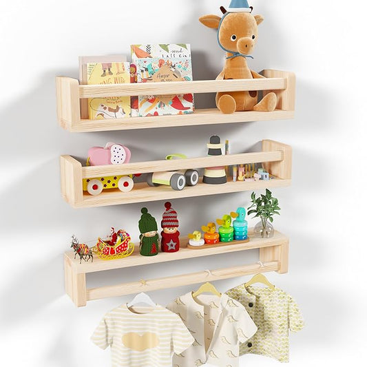 Heimlove Nursery Floating Shelves, Wood Nursery Book Shelves for Wall, 24 inch Wall Bookshelf for Kids Solid Wood for Books,Toys and Decor Storage, Set of 3