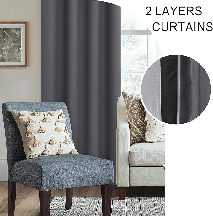 XWZO 100% Blackout Window Curtains - Thermal Insulated & Noise Reduction Black Liner Rod Pocket Window Treatment Sewn with Tiebacks for Bedroom/Living Room, Dark Grey, W42 x L72, Set of 2