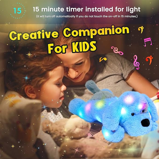 Hopearl LED Musical Stuffed Puppy Lighting Up Singing Plush Dog Adjustable Volume Lullaby Animated Soothe Birthday Festival for Kids Toddler Girls, Blue, 17''