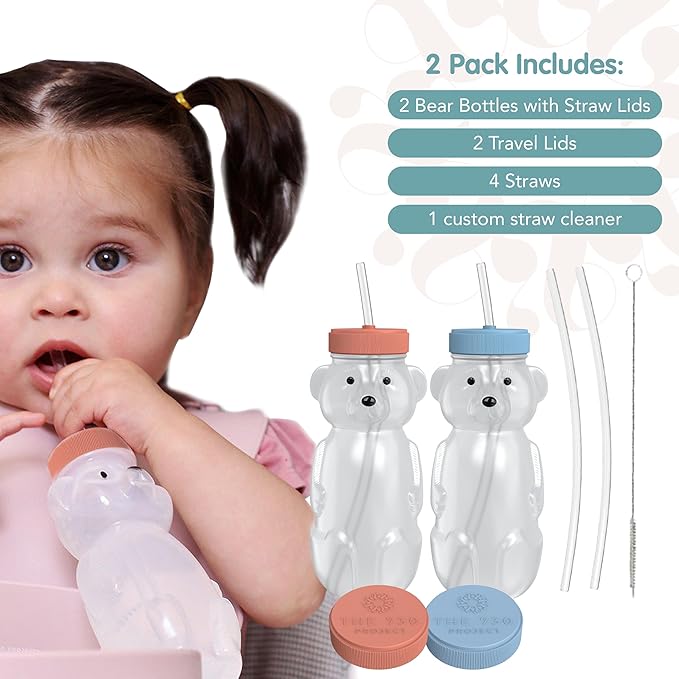 Honey Bear Straw Cup for Babies, 2-Pack Honey Bear Bottle with Travel Lid, Therapy Learning Honeybear Straw Cup, Baby Bottle Set, 8 oz, Blueberry Pie & Firetruck