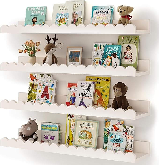 Nursery Book Shelves, 4-Pack White Floating Shelves for Wall Kids, Scalloped Shelves, Wall Book Shelves for Bedroom Kids, Toddler Room, Baby Room, Nursery Decor