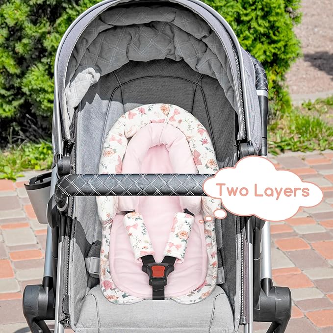 Baby Car Seat Head Support for Newborn, GFU 2 in 1 Infant Car Seat Head Body Support with Strap Pads, Soft Stroller Cushion Pillow Insert for Girls, Fits for Stroller, Swing, Pink Floral