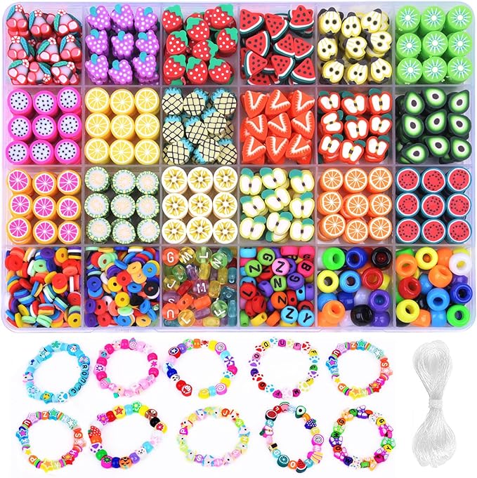 1000PCS Polymer Clay Beads Bracelet Making kit, 24 Style Cute Fun Beads Fruit Beads Charms for Jewelry Necklace Earring Making DIY Accessories for Women Girls
