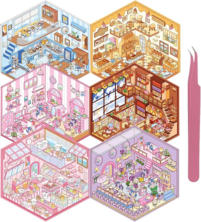 DIY 3D Sticker Scene 6 Sets of Stickers for Girls Make Your Own Mini Room Scene Stickers for Kids Cute Kawaii Sticker Therapy for Adult Relief Stress Pass The Time