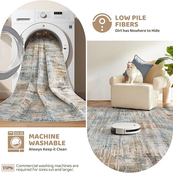 2x3 Entryway Area Rugs: Washable Neutral Abstract Small Rug Door Mat Non-Slip Soft Low Pile Indoor Carpe for Entrance Kitchen Front Door Bathroom Entry Kids Room - Blue Brown