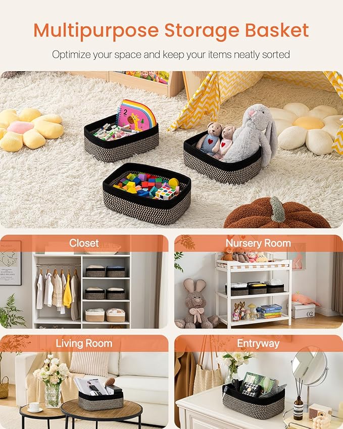 KALLAX Small Woven Basket, 12 x 8 x 4.5 Inches, Storage Basket for Organizing, Cute Small Rope Shelf Closet Cube Storage Bins Baskets for Shelves, Dog Toy Gift Baskets Empty, 3 Pack Black & Brown