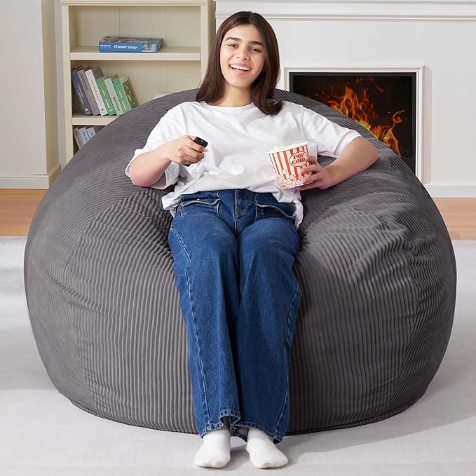 Homguava 3.5FT Bean Bag Chair: Teardrop Bean Bags with Memory Foam Filled, Compact Beanbag Chairs Soft Sofa with Corduroy Cover (Grey)