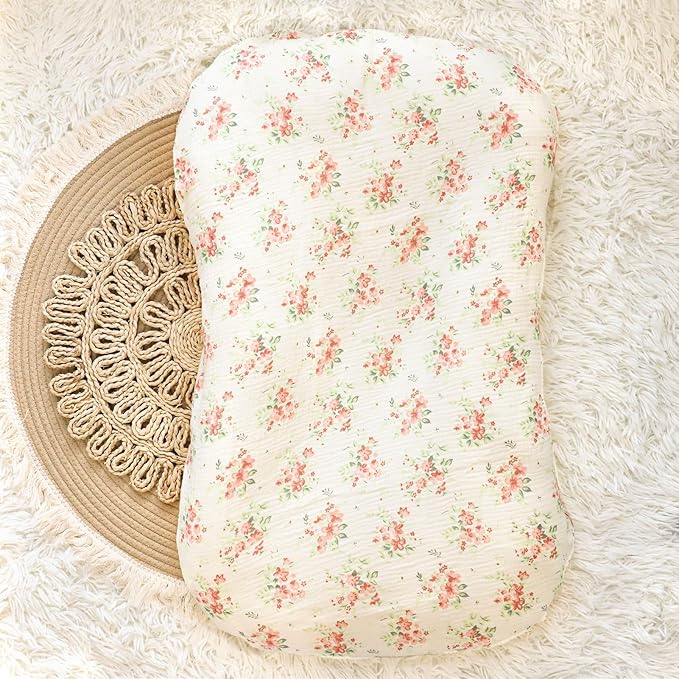 Hooyax Baby Lounger Cover 2 Pack - 100% Muslin Cotton Newborn Lounger Pillow Covers Only, Soft Breathable Infant Lounger Cover with Reinforced Stitching, Fits Most Standard Baby Loungers (Floral)