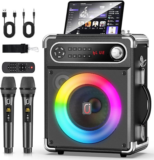 Karaoke Machine with 2 Wireless Microphones,【Upgraded 6.5"Woofer & 2"Tweeter】Portable Bluetooth 5.3 Karaoke Speaker, PA System with Bass/Treble/Echo Adjustment, Supports USB/AUX/TF/TWS for Home Party