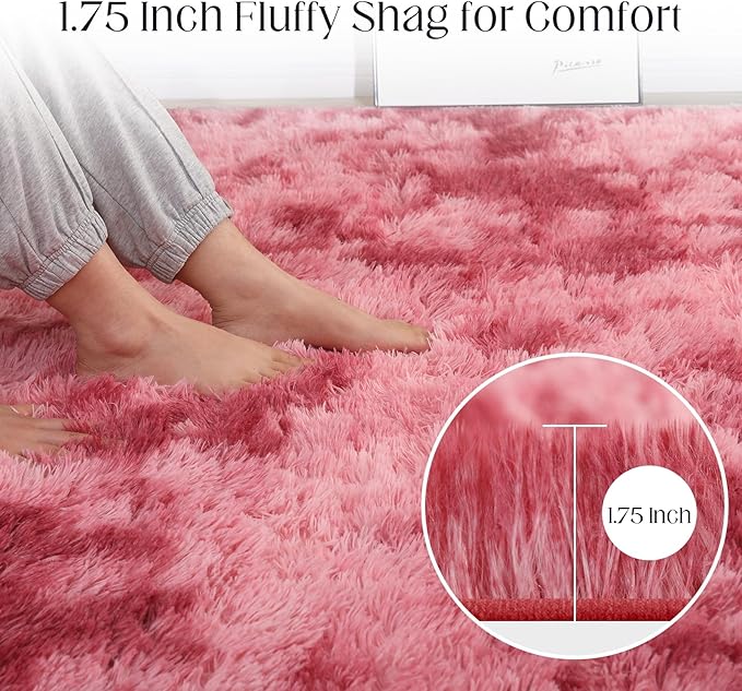 Area Rugs 9x12, Fluffy Rugs for Living Room, Ultra Soft Rugs for Bedroom, Non-Slip Indoor Carpet for Nursery, Kids Room, Playroom, Home Decor, Tie-Dyed Dark Pink